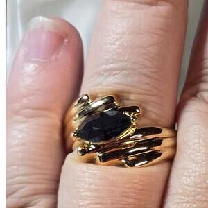 Victorian Style Vintage Dark Blue Crystal 18k EP Ring Size 10